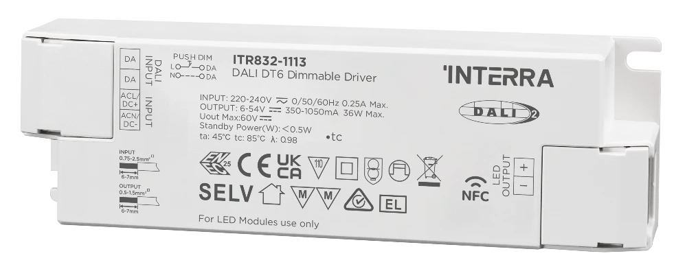 36W NFC Programmable DALI-2 DT6 Constant Current LED Sürücüsü (350 - 1050 mA)