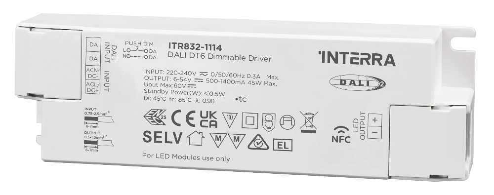 45W NFC Programmable DALI-2 DT6 Constant Current LED Sürücüsü (500 - 1400 mA)